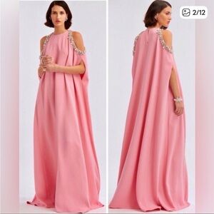 Oscar de la Renta Pink Cold-Shoulder Cape Gown with Embellished Shoulders